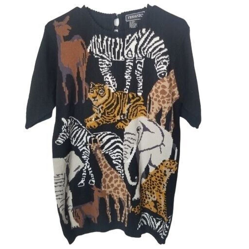 Vintage Terazzo Womens Knit Sweater Jungle Safari Animals Sz M Unique Statement
